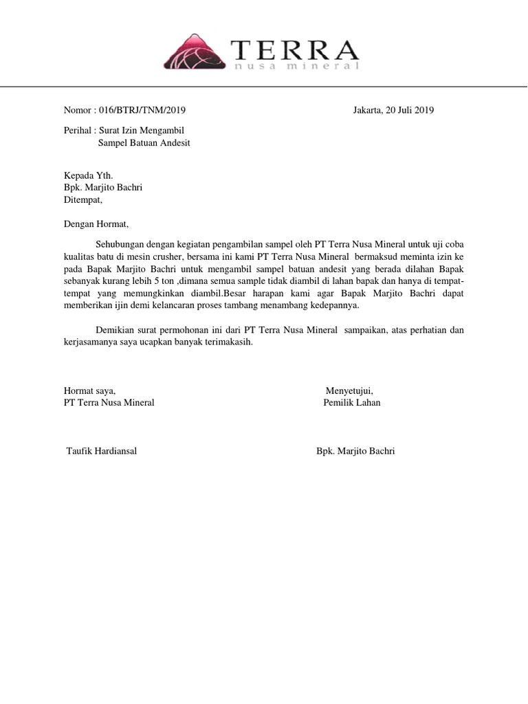 Format Surat Pengambilan Sample Batu | PDF