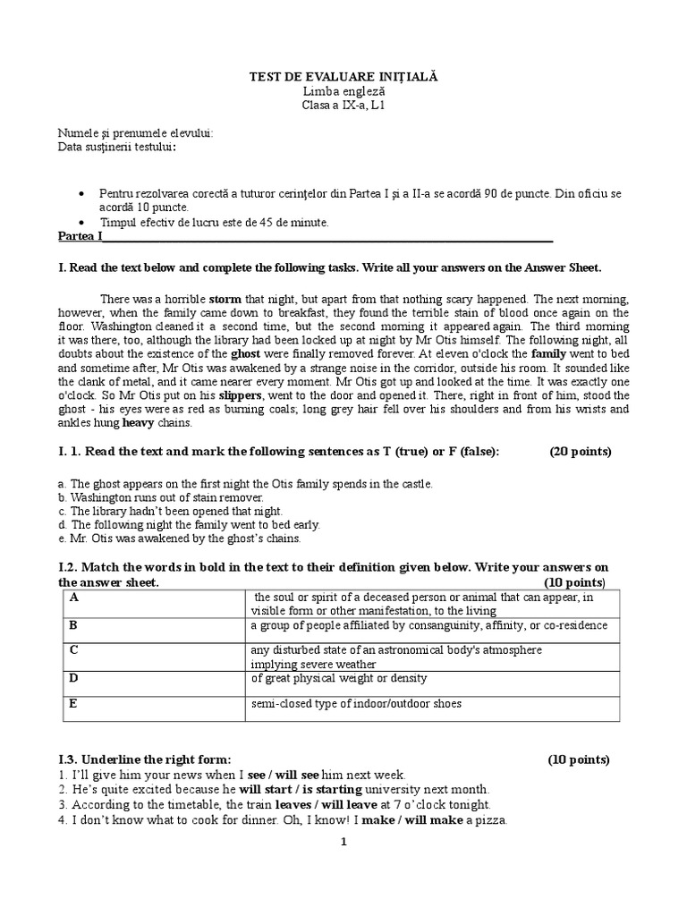 Test de Evaluare Inițială Engleză Clasa 9 | PDF | Linguistics | Semiotics