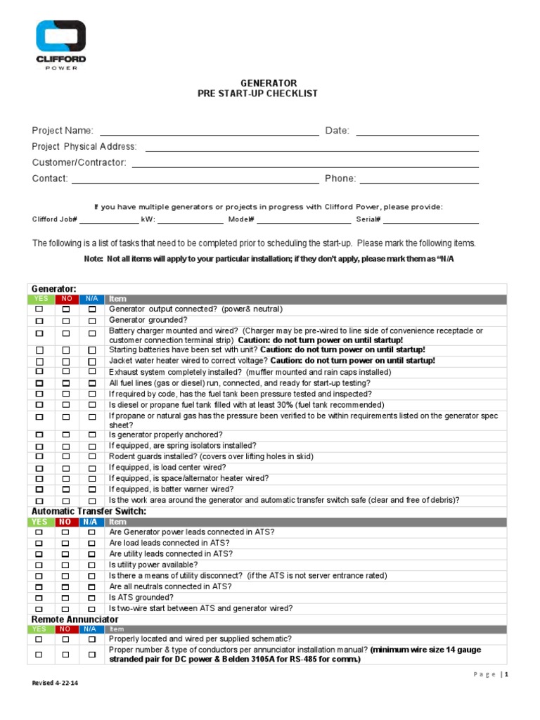 Cps Pre Start Up Check List PDF | PDF | Electric Generator | Battery ...
