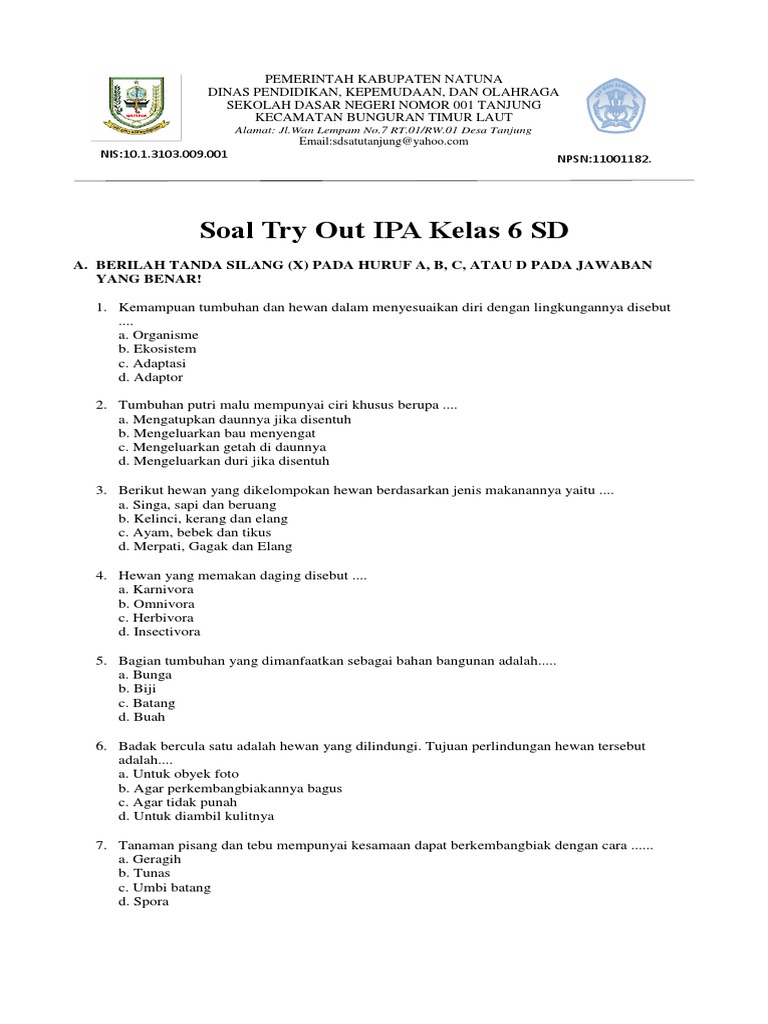 Soal Try Out Ipa Kelas 6 Sd Docx
