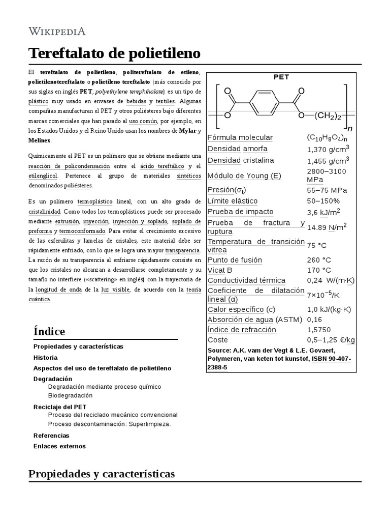 Tereftalato de Polietileno PDF Química Materiales