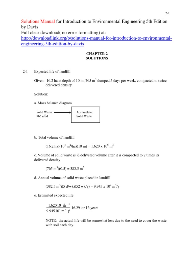SOLUTIONS MANUAL FOR INTRODUCTION TO ENVIRONMENTAL ENGINEERING 5TH EDITION BY DAVIS visual data 2