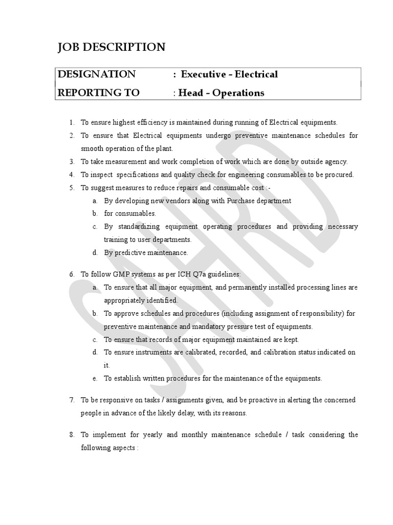 Job Description Designation Executive Electrical Reporting To PDF