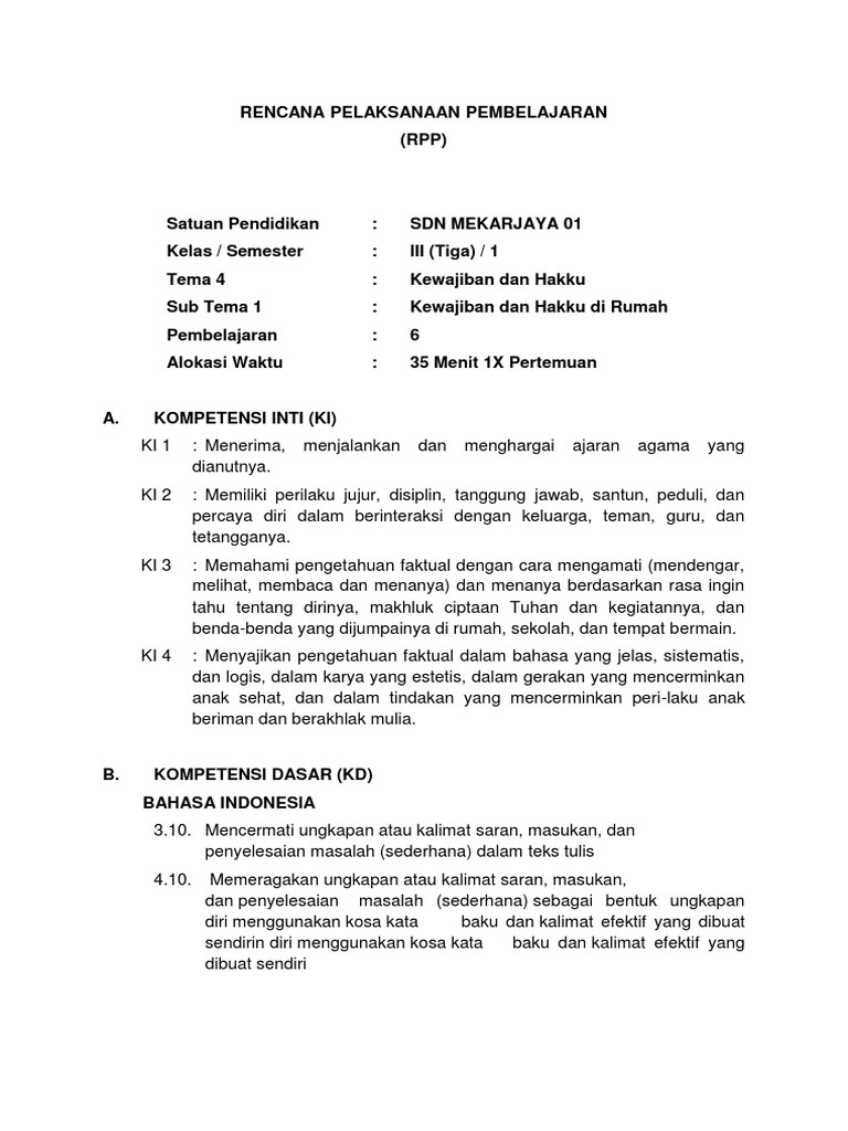 Rencana Pelaksanaan Pembelajaran Kls 3 Tema 4 Sub 1