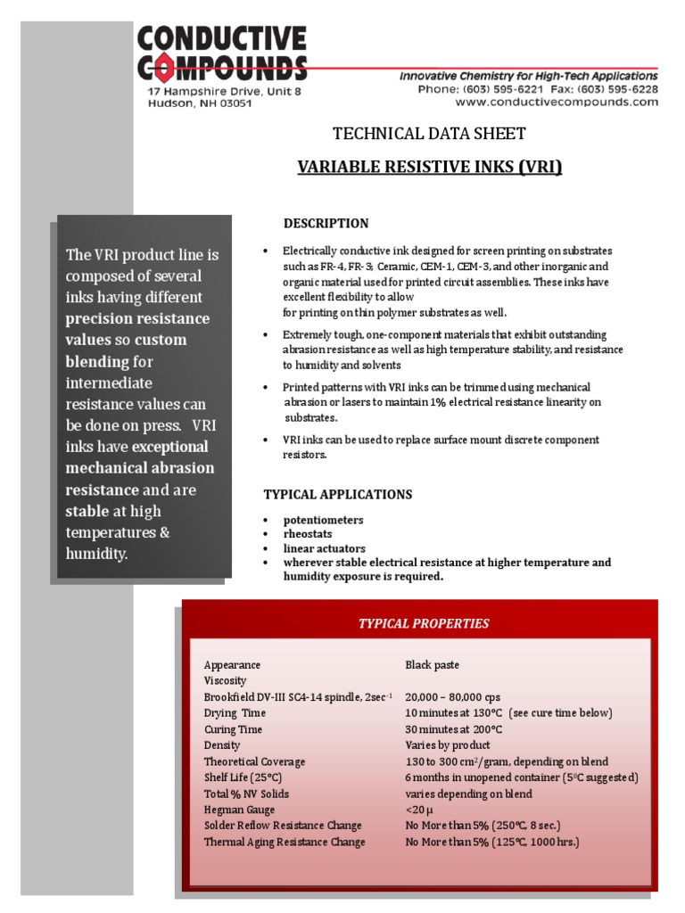 Variable Resistive Inks (Vri) : Technical Data Sheet | PDF | Electrical ...