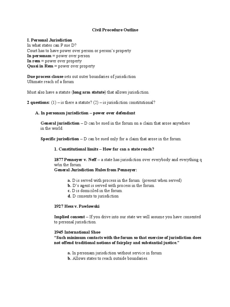 Civ Pro Outline | PDF | Personal Jurisdiction | Diversity Jurisdiction