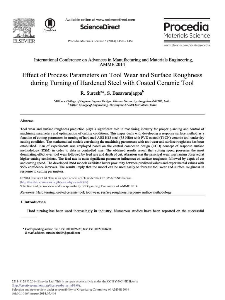Effect of Process Parameters On Tool Wear and Surface Roughness During ...