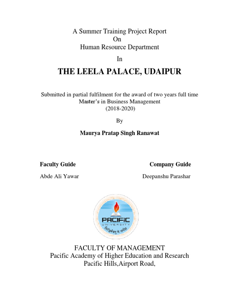 The Leela Palace, Udaipur A Summer Training Project Report On Human