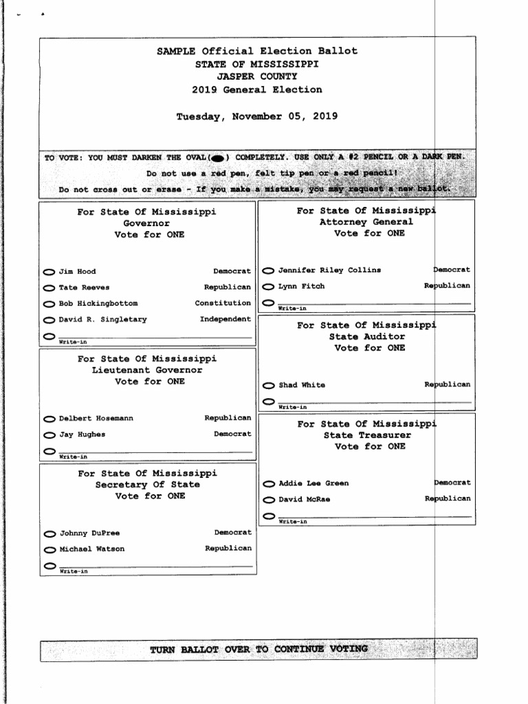 Jasper County sample ballot for 2019 general election