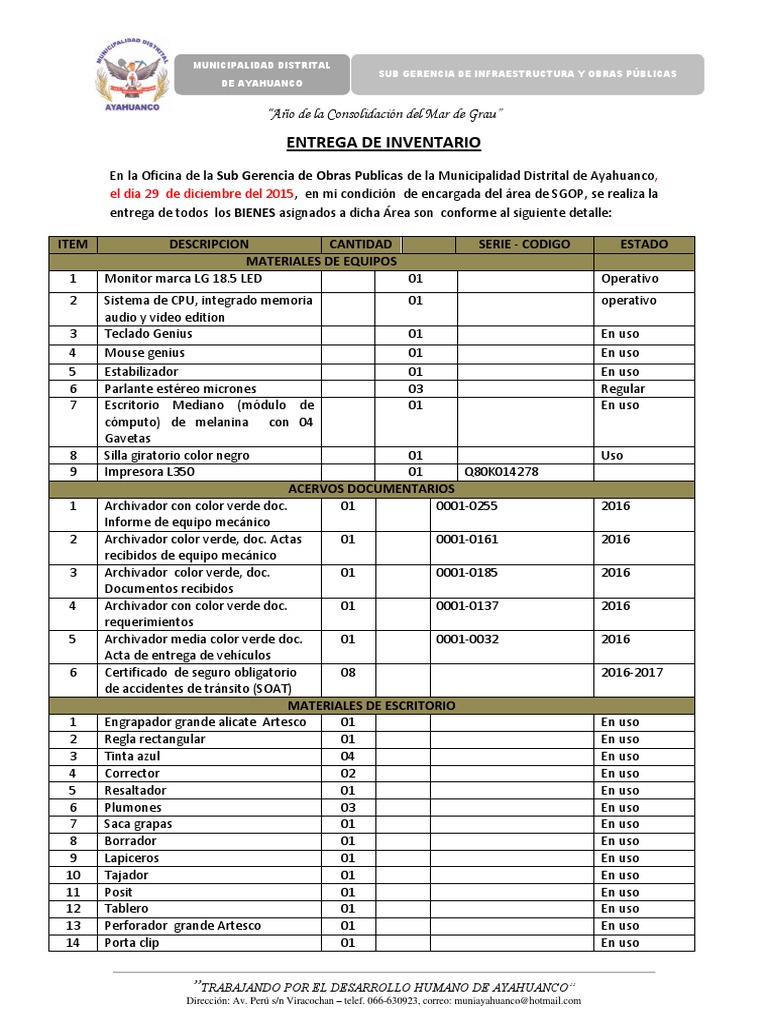Acta de Entrega de Cargo Ddhhruv-2016 | PDF | Hardware de la ...
