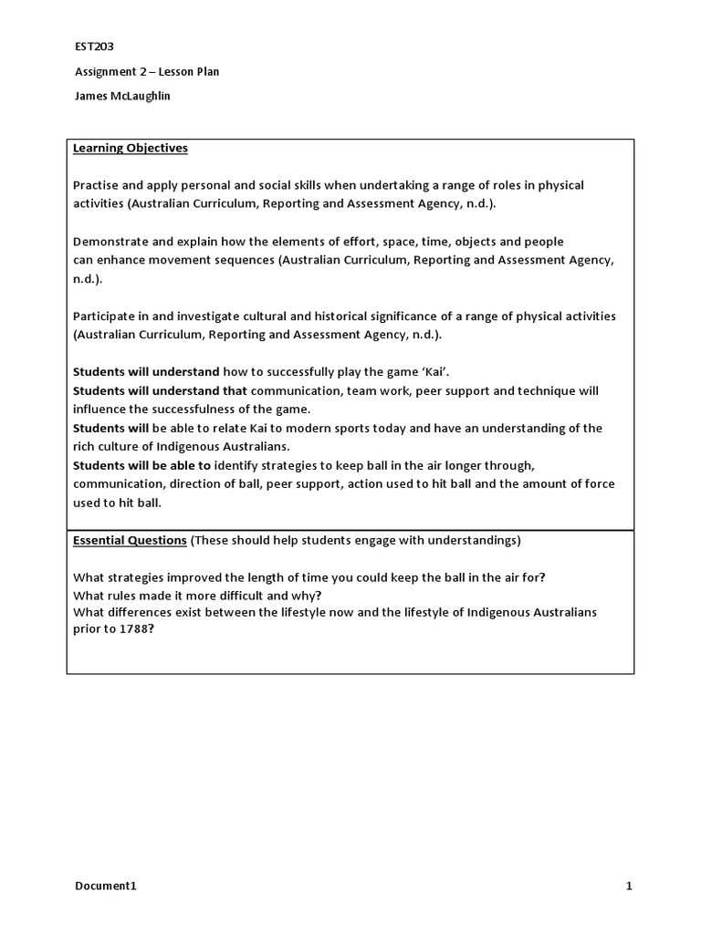 Est203 Assignment 2 Lesson Plan James Mclaughlin PDF Nonverbal