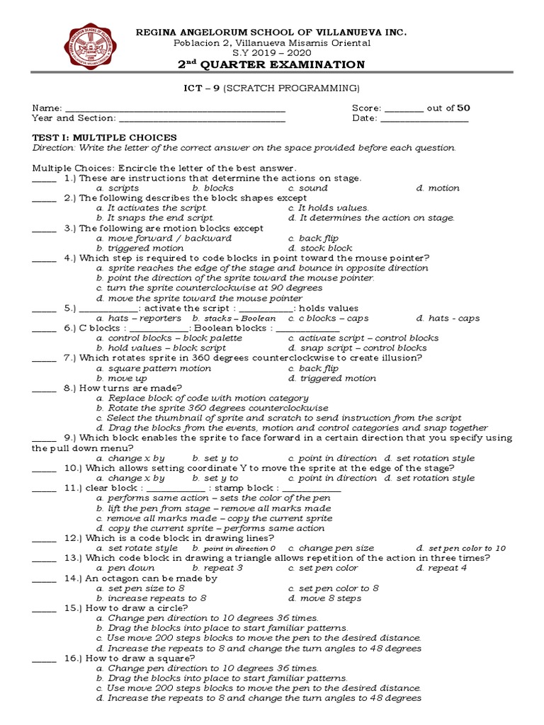 ICT 9 Scratch Programming Exam | PDF | Teaching Mathematics