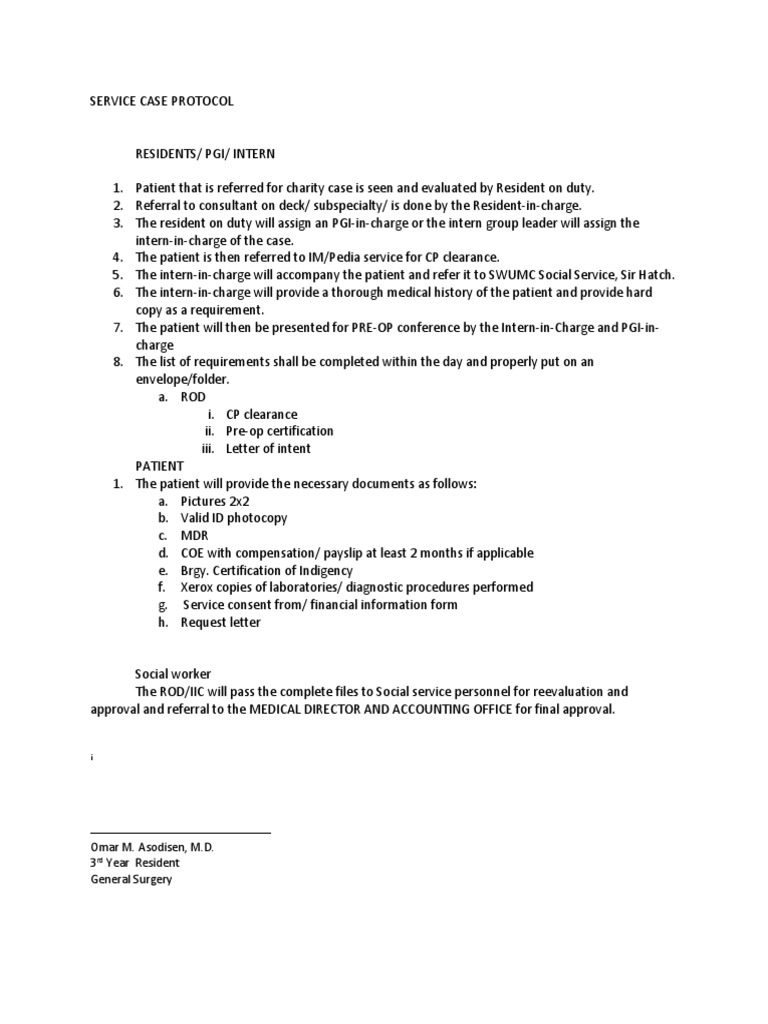 Charity Case Protocol for Residents | PDF