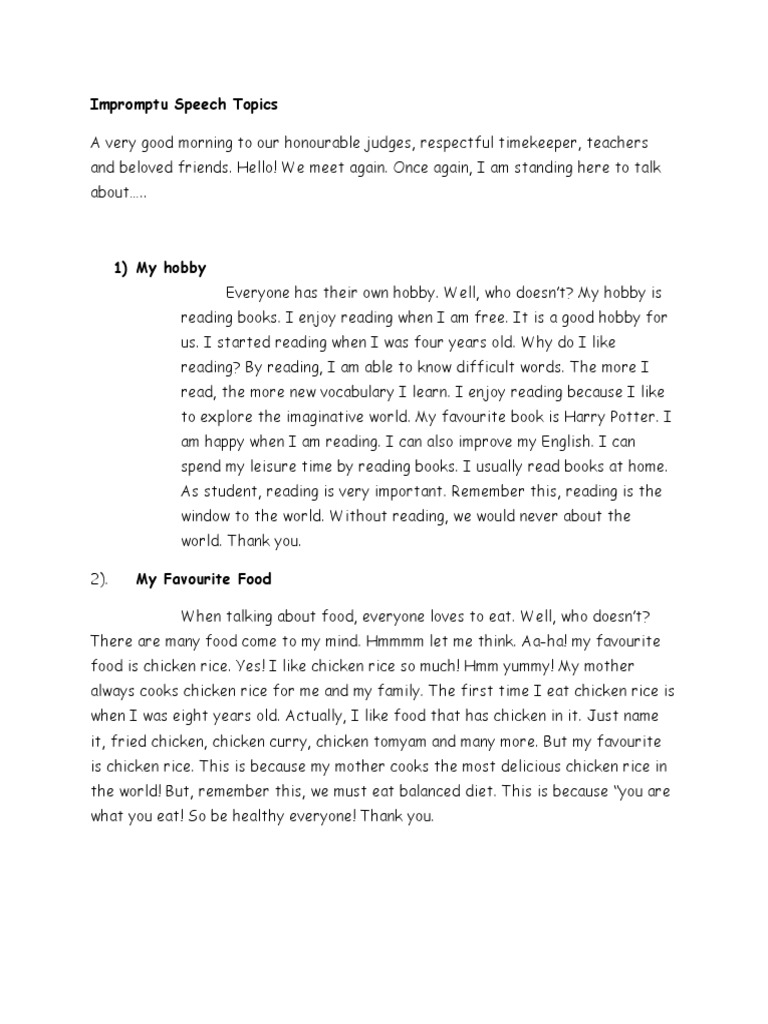 Impromptu Speech Topics 2019 Pdf Foods