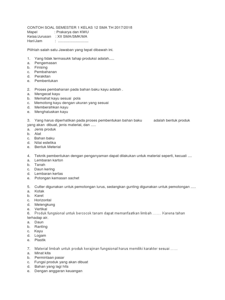 Soal Prakarya Kelas Xii Semester 1