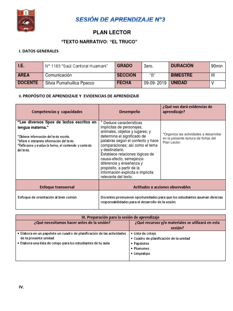 3 Sesion de Plan Lector | PDF | Aprendizaje | Planificación