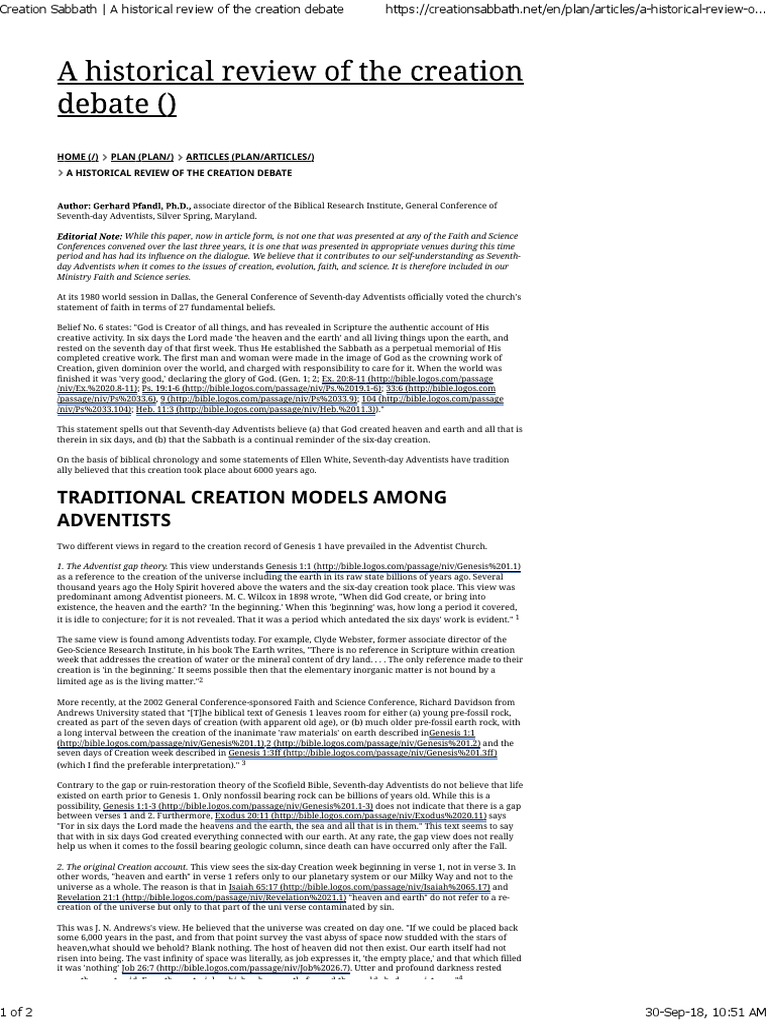 Creation Sabbath - A Historical Review of The Creation Debate | PDF ...
