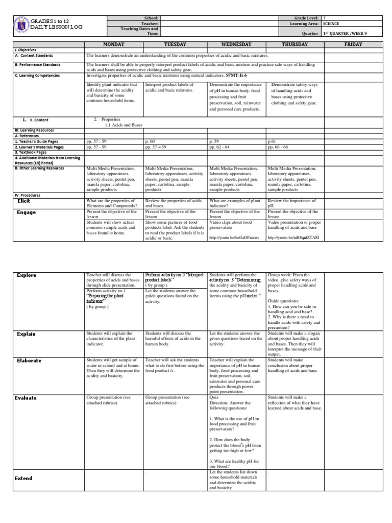 Grade 7 Science: Acids and Bases Lesson | PDF | Teachers | Ph