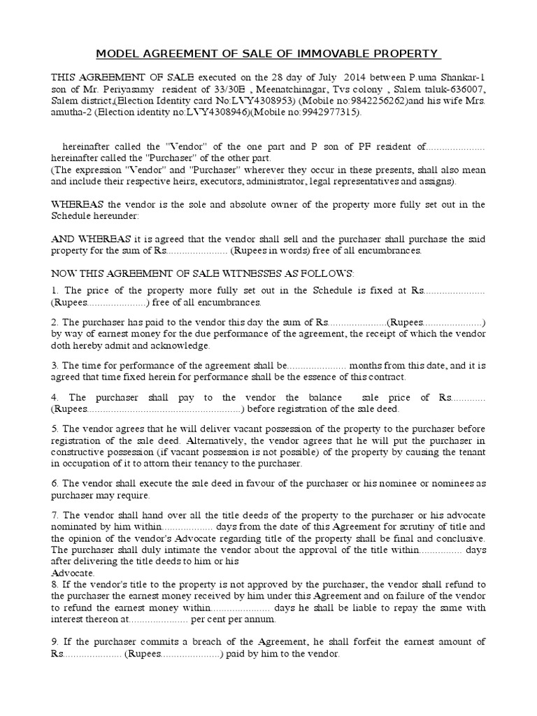 Model Agreement of Sale of Immovable Property PDF Arbitration