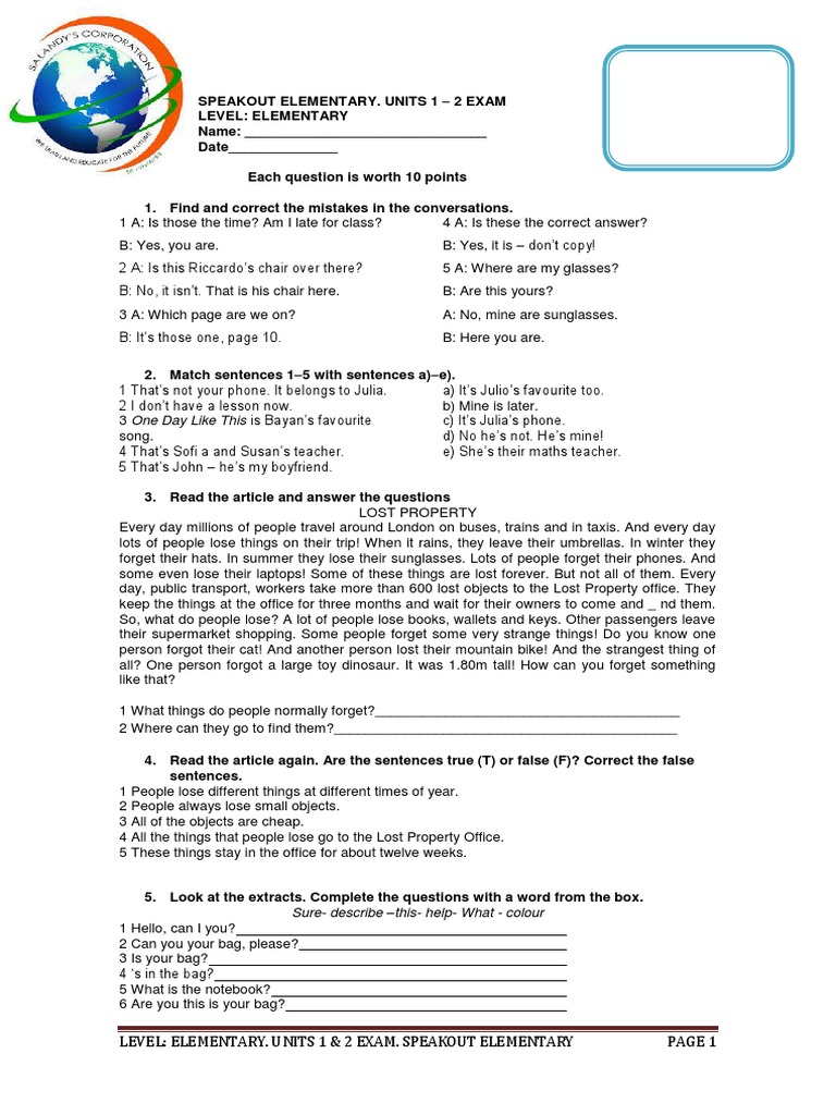 Speakout Elementary. Units 1 & 2 Exam | PDF | Morphology | Syntax