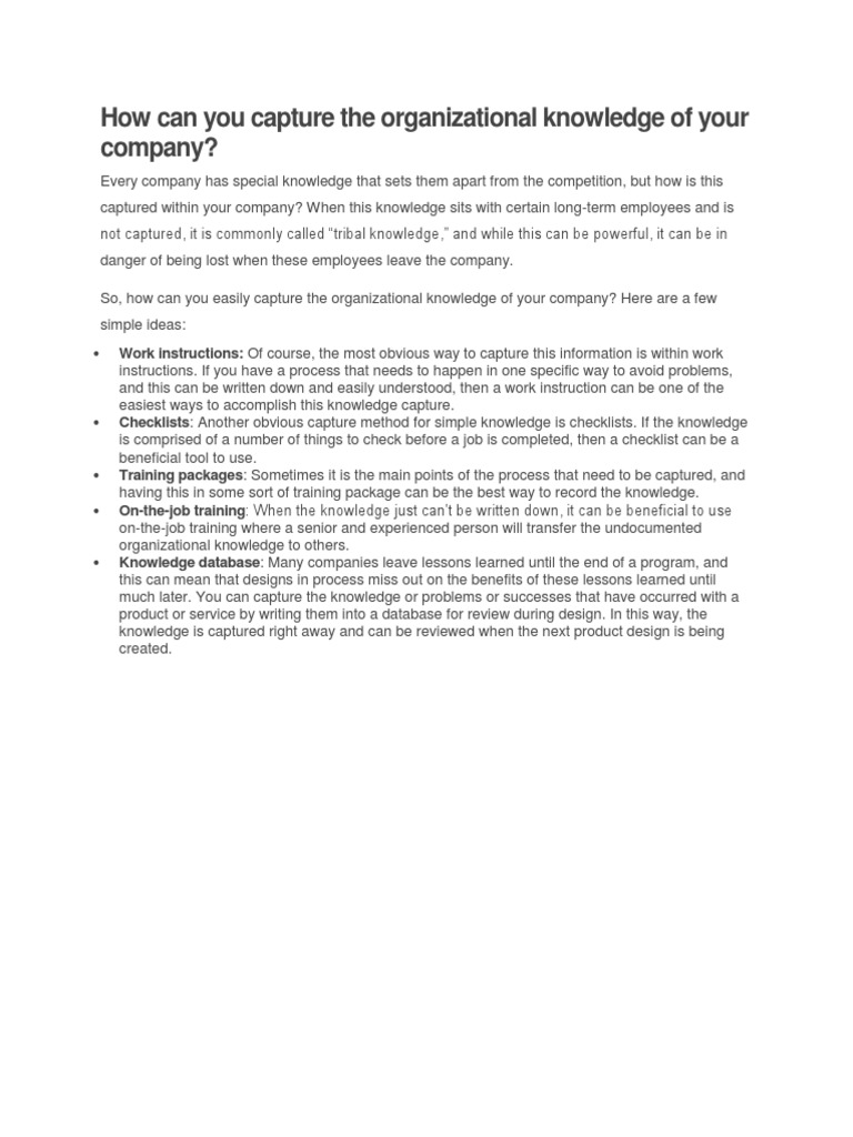 Capturing Organizational Knowledge Methods | PDF