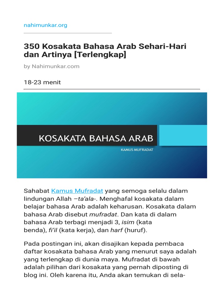 350 Kosakata Bahasa Arab Sehari-Hari Dan Artinya Terlengkap | PDF