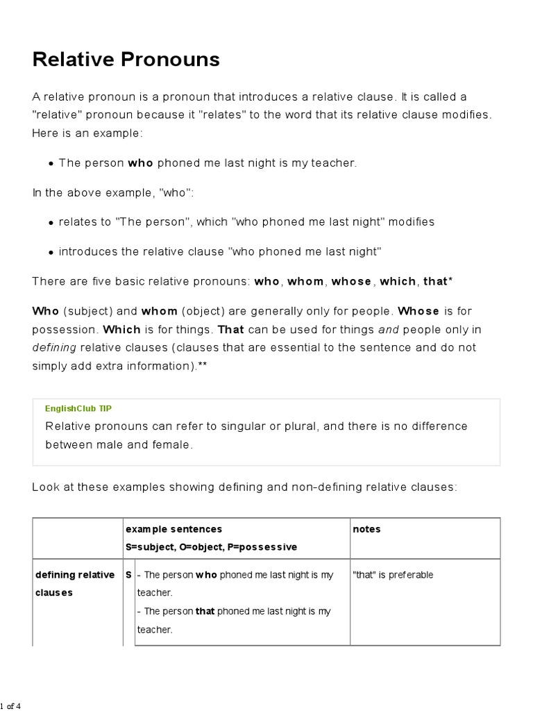 Relative Pronouns - Grammar - EnglishClub | PDF | Linguistic Typology ...