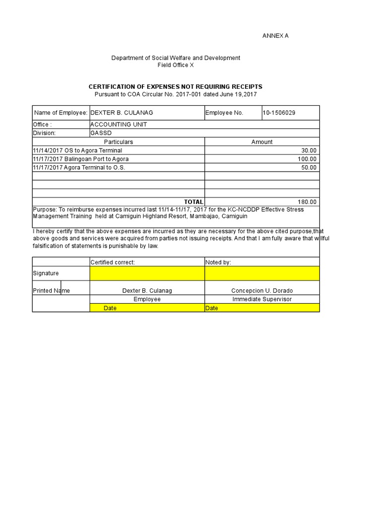 Certification of Expenses Not Requiring Receipts | PDF
