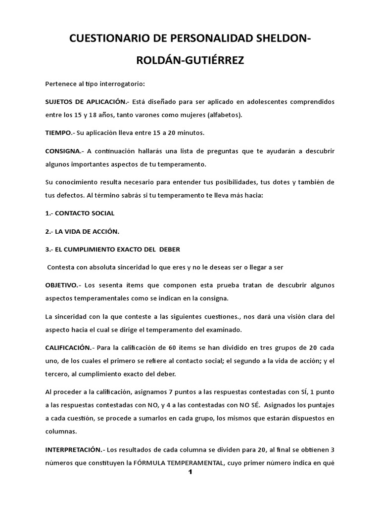 Test de Temperamento de Sheldon | PDF | Soledad | Depresión (estado de ...