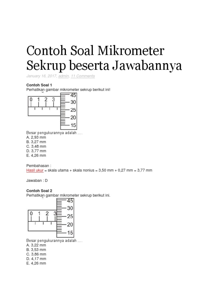 Contoh Soal Mikrometer Sekrup Beserta Jawabannya