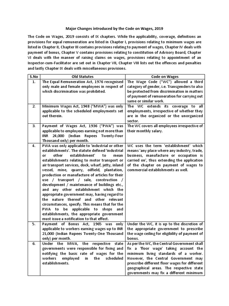 Major changes introduced by the code on wages 2019 pdf wage