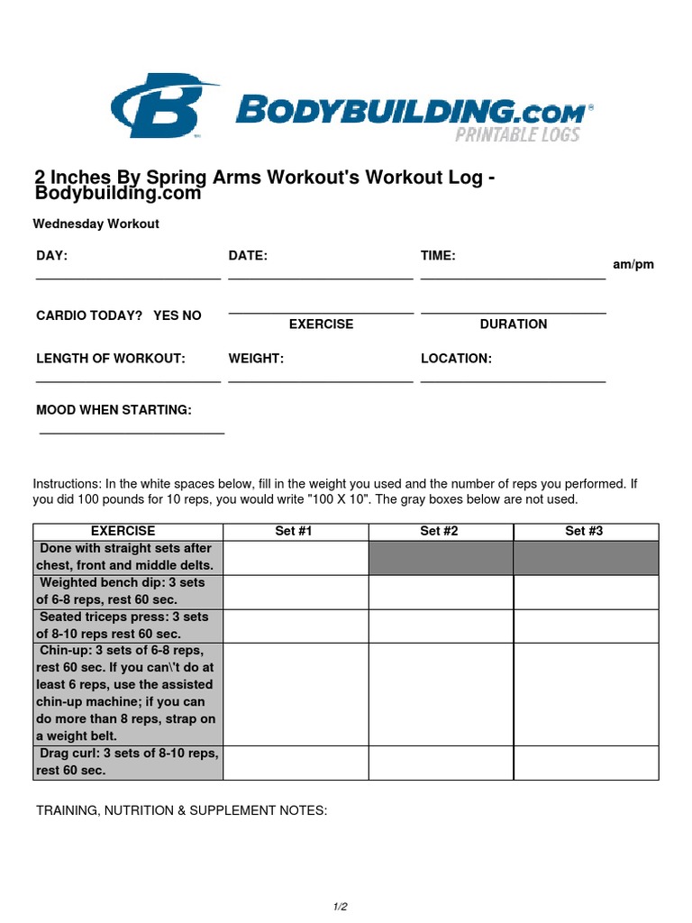2 Inches by Spring Arms Workout's Workout Log | PDF