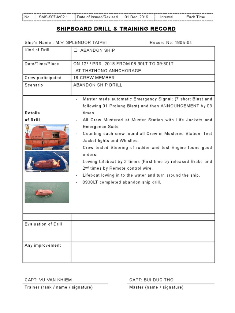 Shipboard Drill & Training Record: No. SMS-S07-M02.1 Date of Issued ...