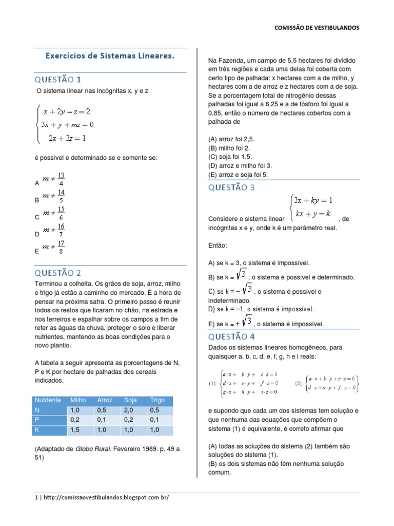 Exercícios de Sistemas Lineares.: Questão 1 | Sistema de Equações ...