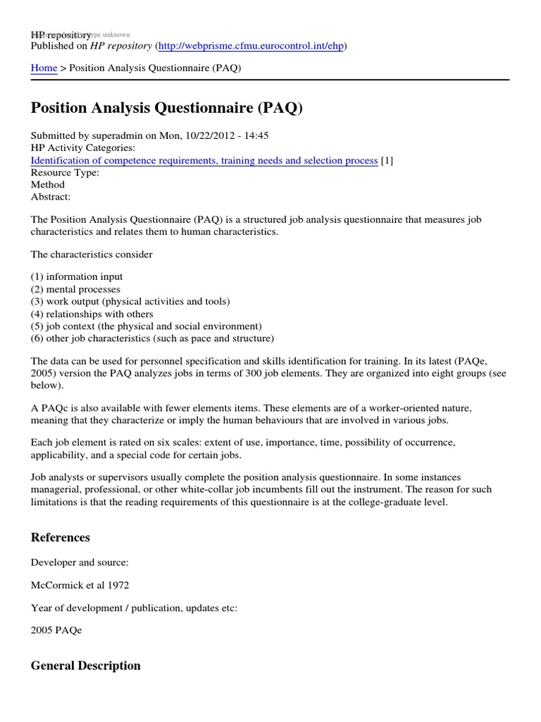 Understanding the Position Analysis Questionnaire | PDF | Usability ...