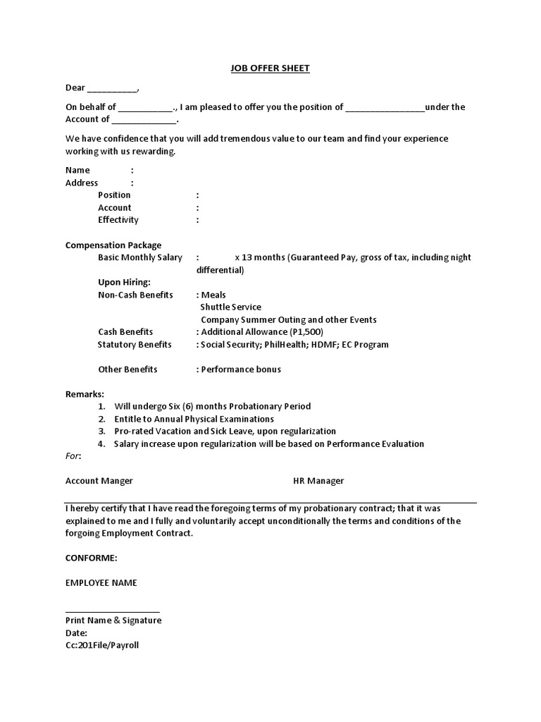 Job Offer Sheet with Compensation Details | PDF