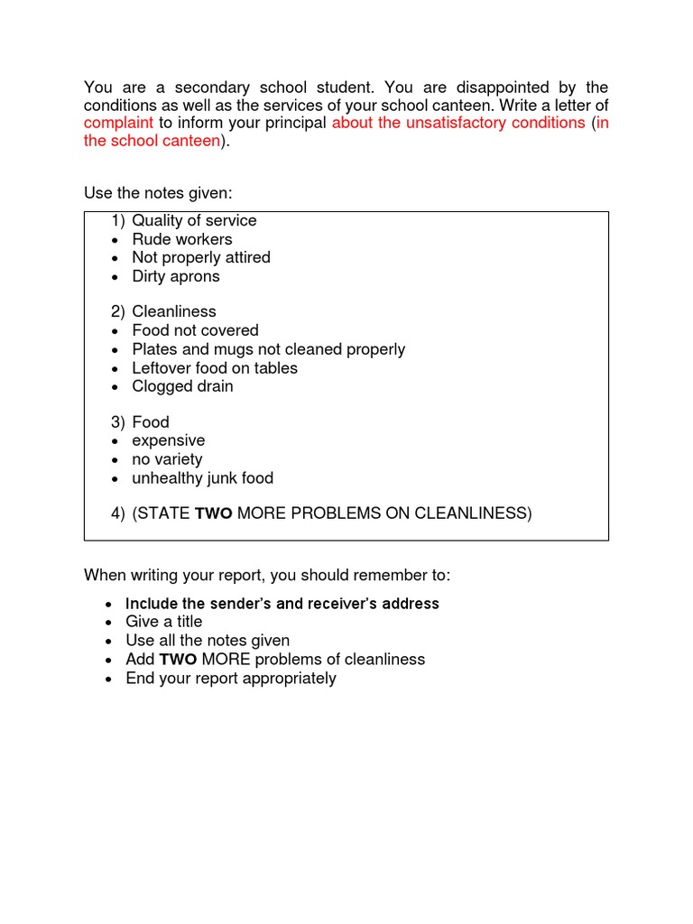 Complaint About School Canteen (Official Letter) PDF Food And Drink