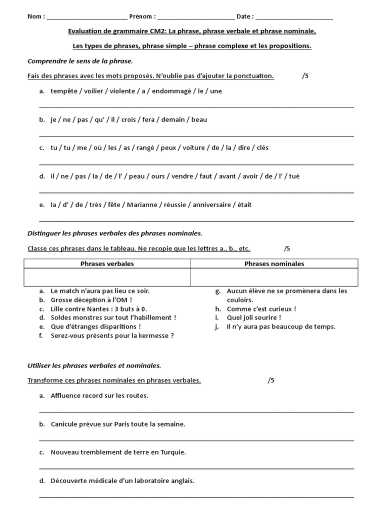 Exercice Phrase Verbale Et Nominale Evaluation Grammaire Cm2 N 1 | PDF | Phrase | Linguistique