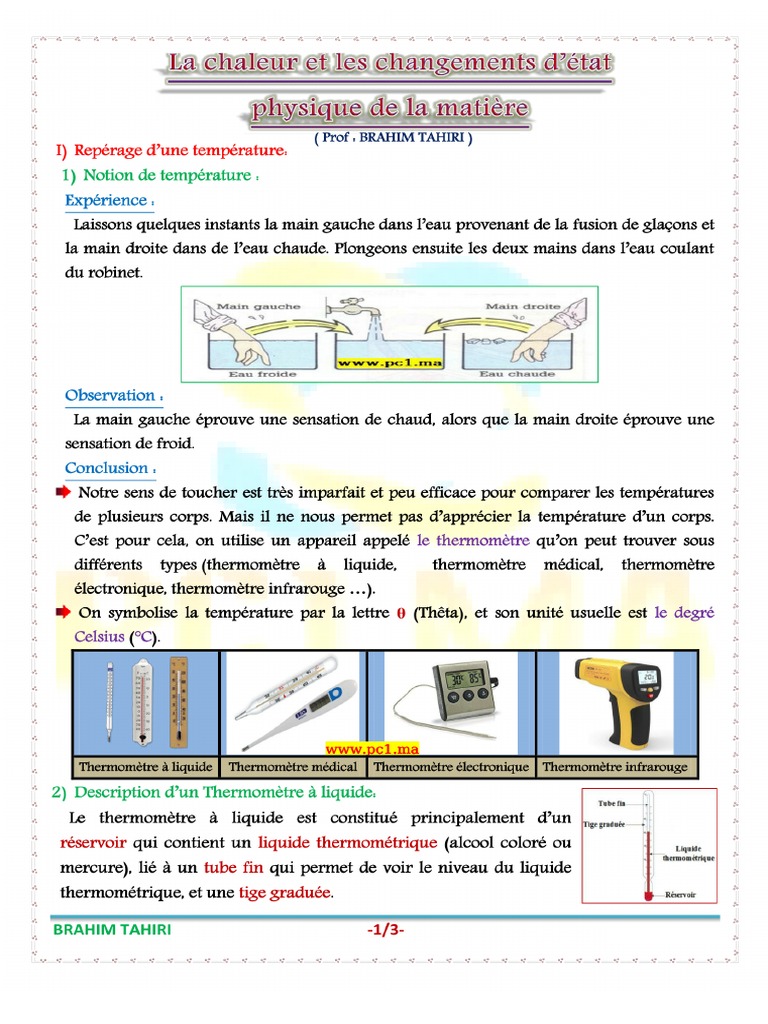 La Chaleur Et Les Changements D Etat Physique de La Matiere Cours | PDF
