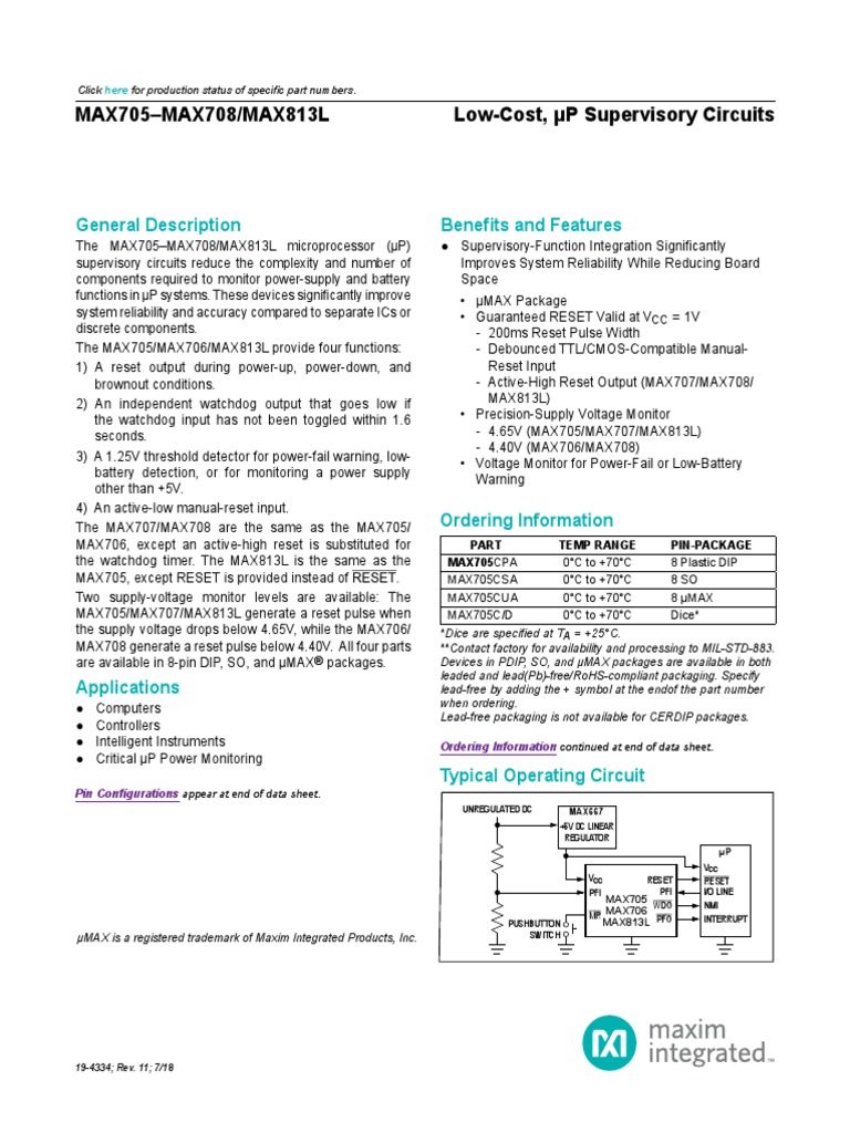 MAX705-MAX708/MAX813L Low-Cost, μP Supervisory Circuits: General ...