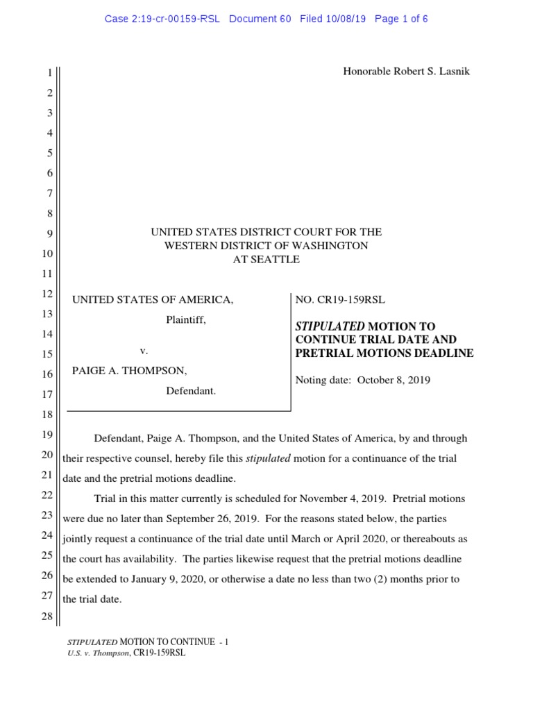 USA Vs Thompson Stipulated Motion To Continue Trial Date and Pretrial