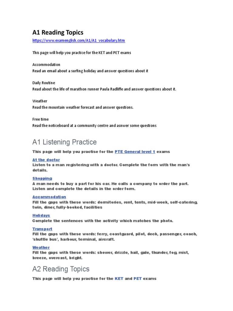 A1 Reading Topics Pdf Weather Transport