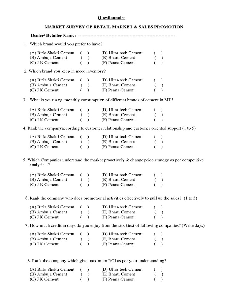 Questionnaire Market Survey of Retail Market & Sales Promotion Dealer