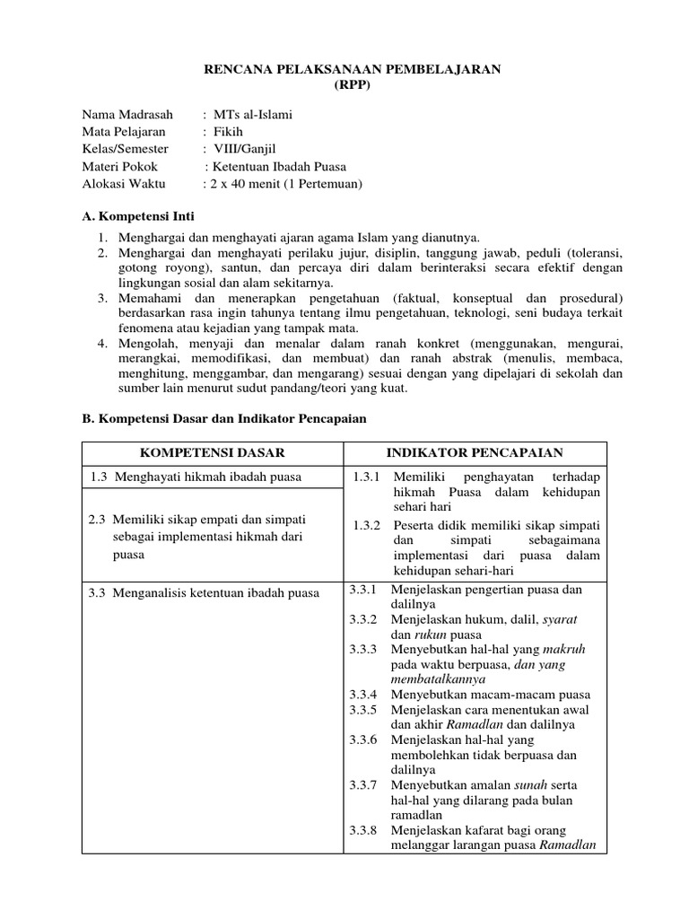 Rpp 2 1 Ibadah Puasa Kelas 8