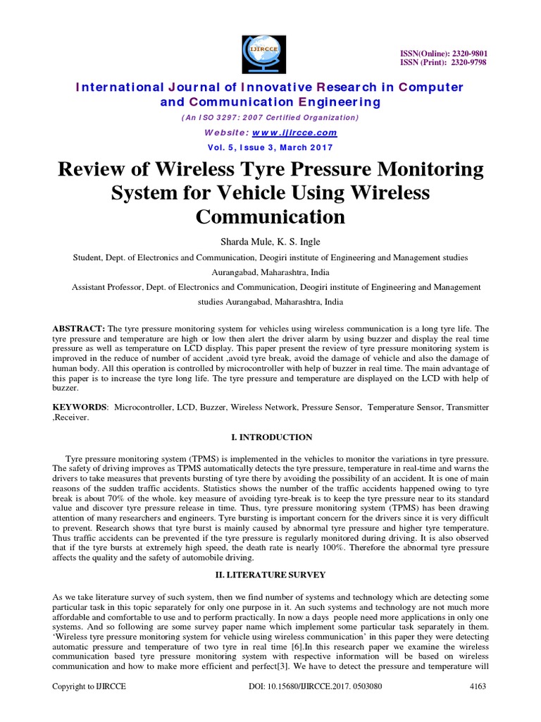 Review of Wireless Tyre Pressure Monitoring System For Vehicle Using ...