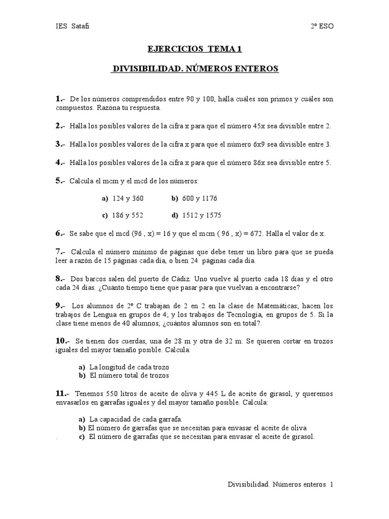 Ejercicios de Divisibilidad y Números Enteros | PDF | Enseñanza de ...