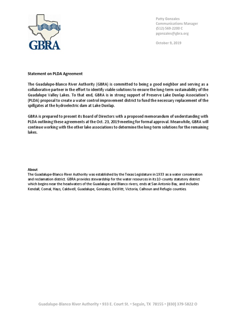 Statement On PLDA Agreement: Patty Gonzales Communications Manager (512 ...