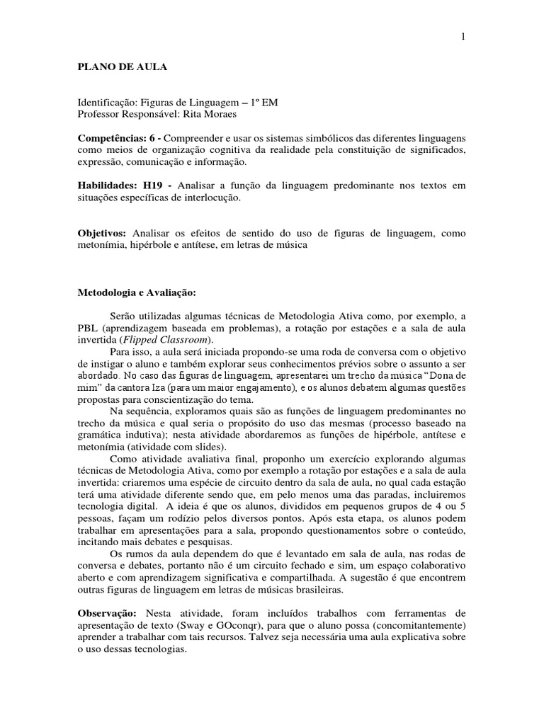 Plano de Aula Figuras de Linguagem | Aprendizado | Cognição