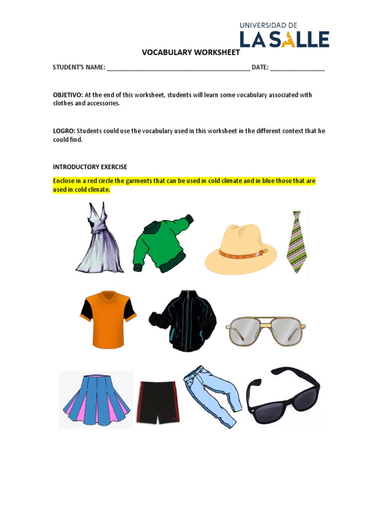 Vocabulary Worksheet: STUDENT'S NAME: - DATE | PDF | Sweater | Clothing