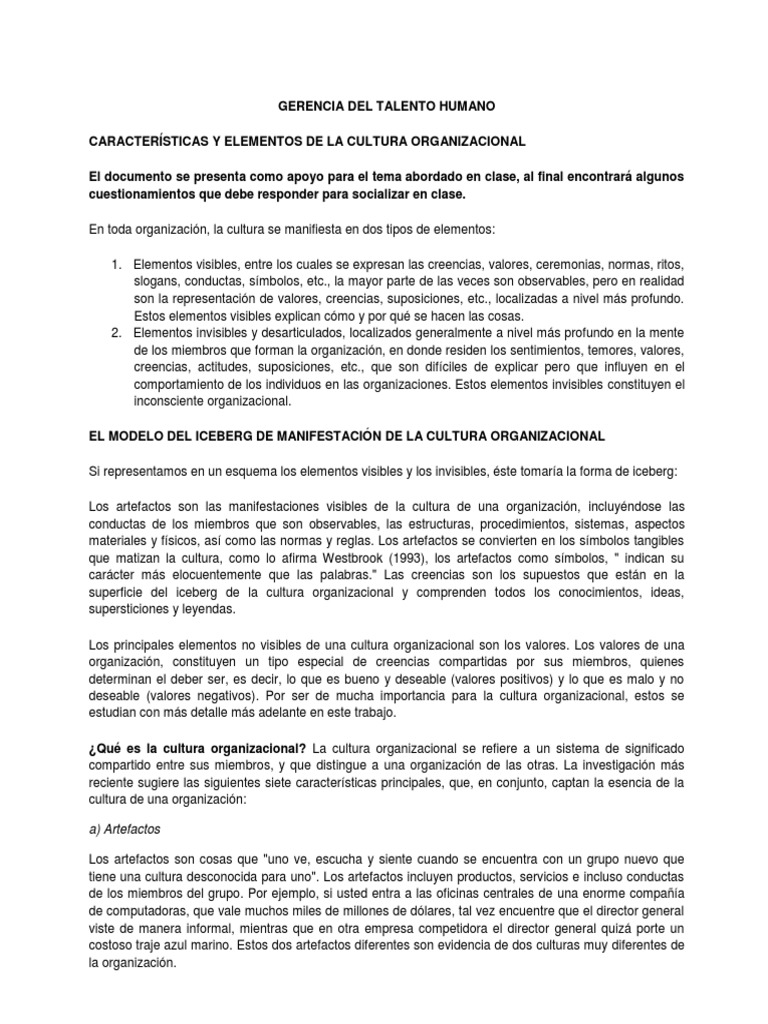 Elementos de la Cultura Organizacional | PDF | Cultura organizacional ...